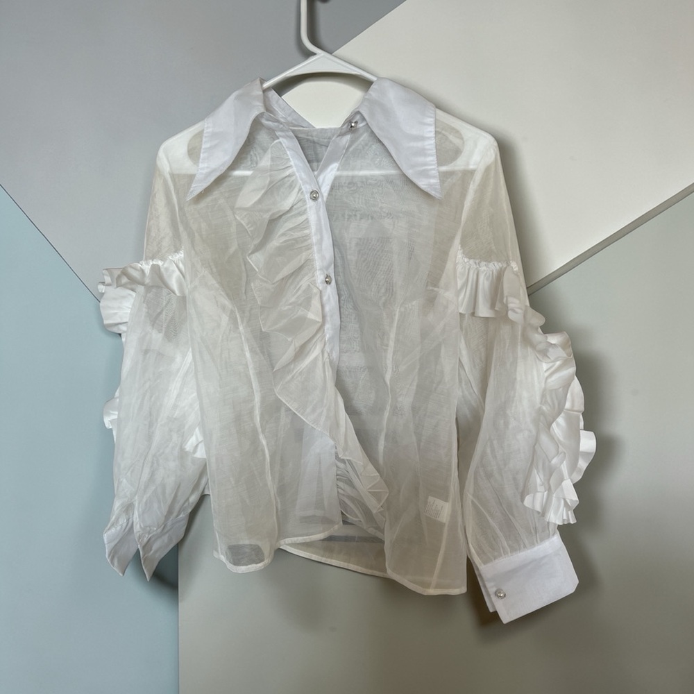 Elegant White Ruffle Sheer Blouse